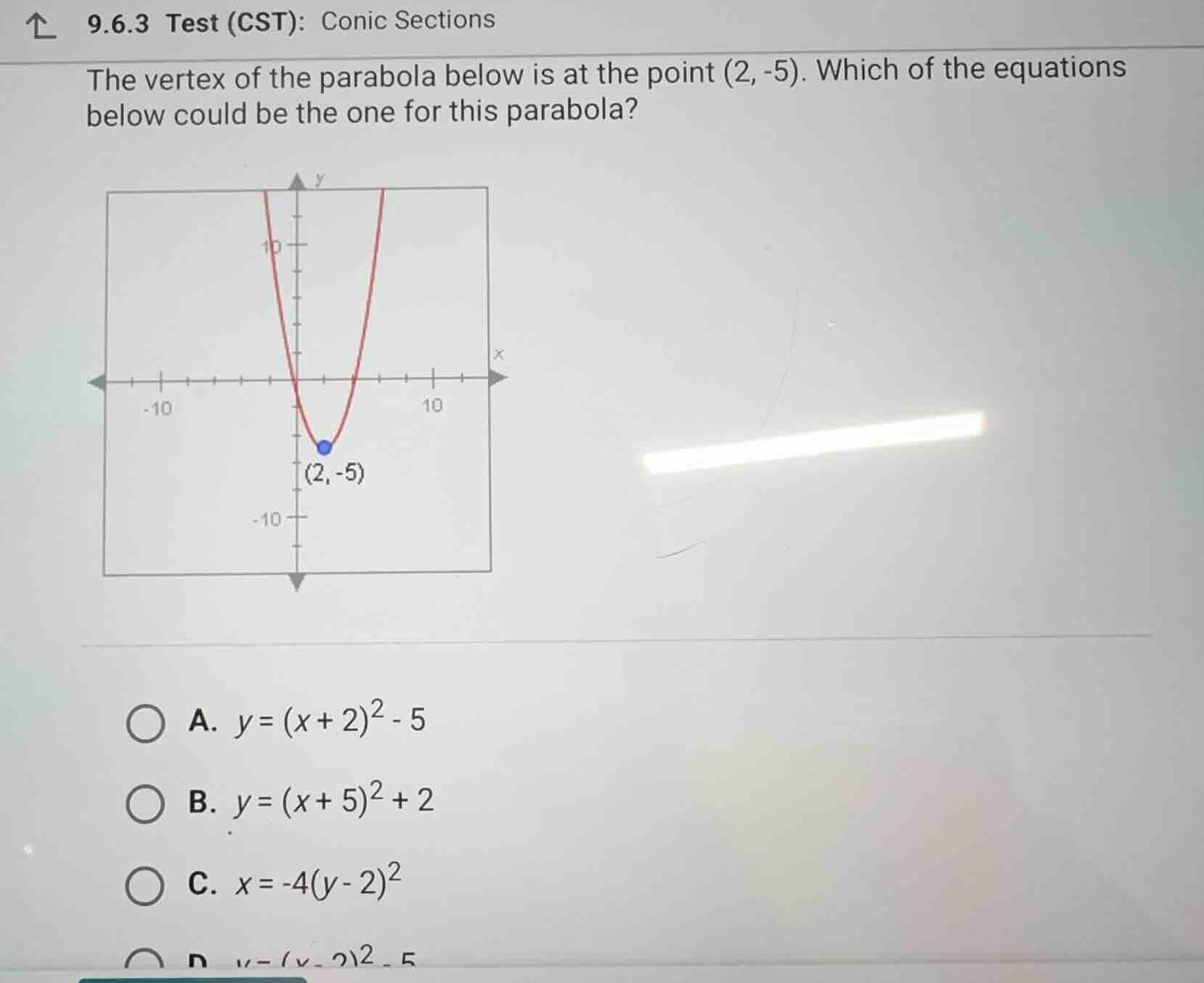 the vertex of the parabola below is at the point (2, -5). which of the …