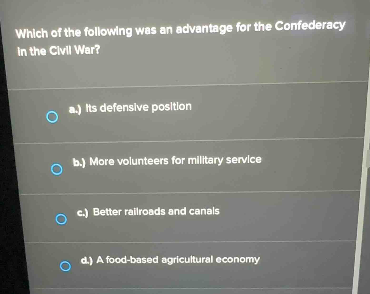 which of the following was an advantage for the confederacy in the civi…