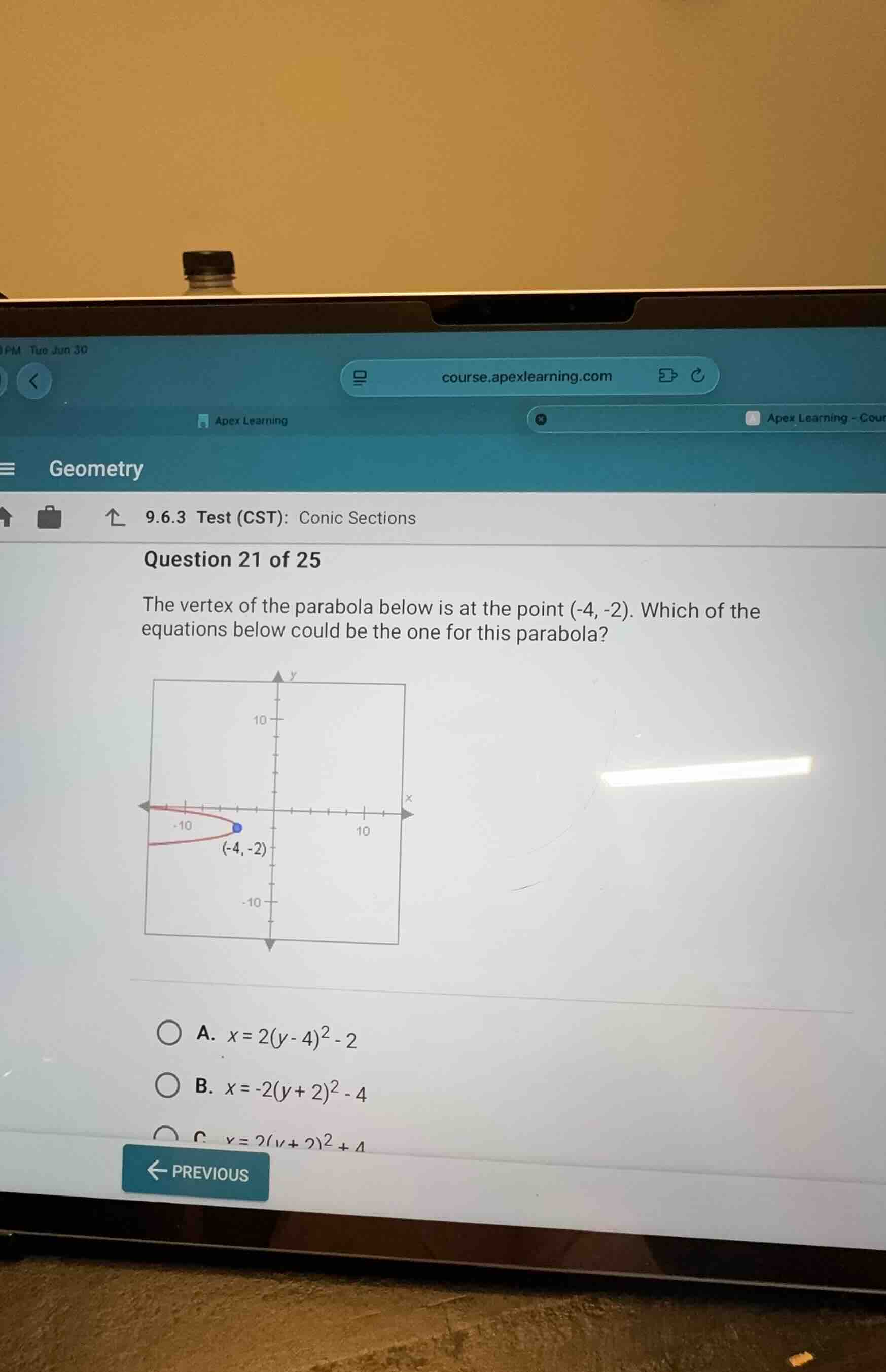 the vertex of the parabola below is at the point (-4, -2). which of the…