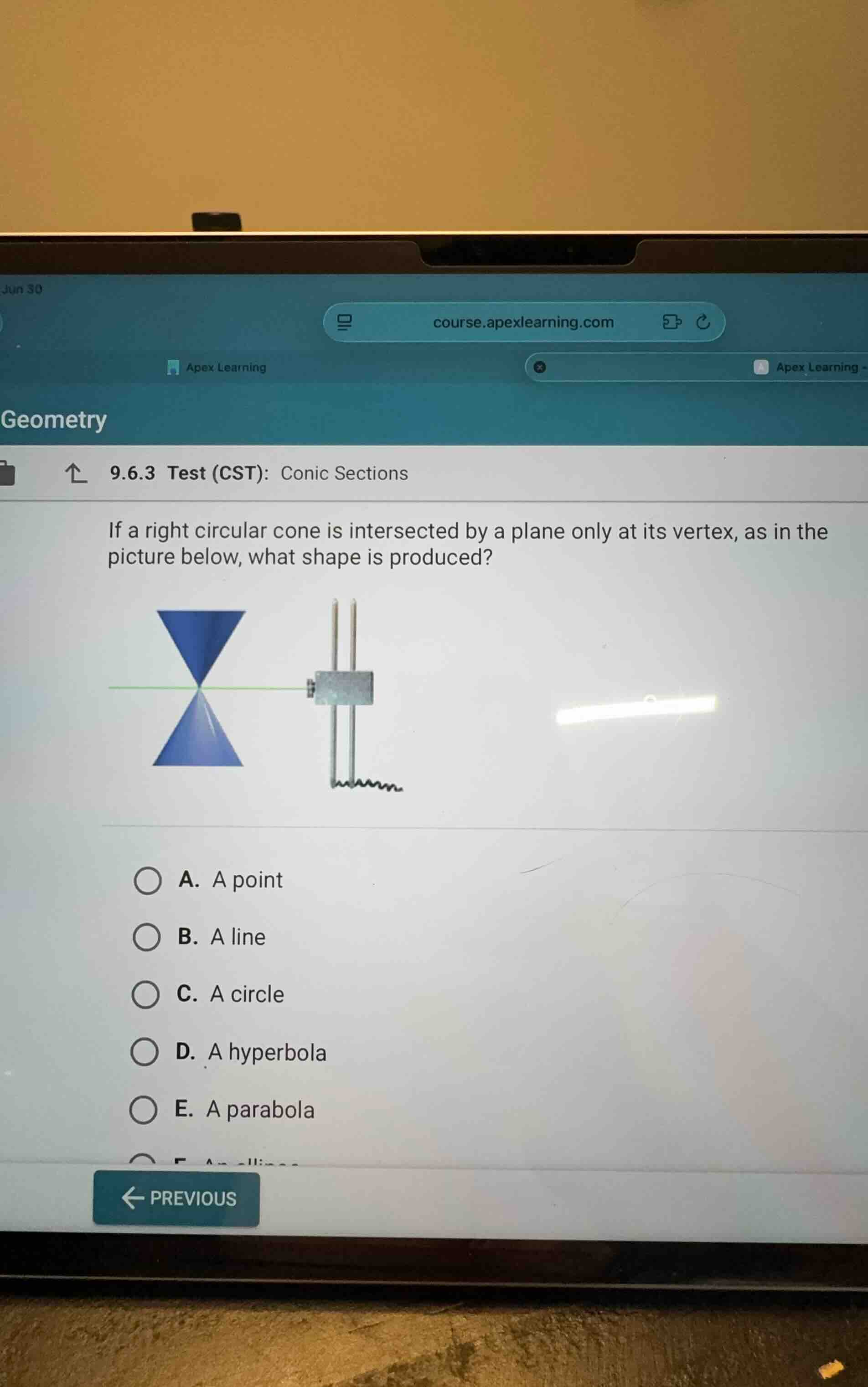 if a right circular cone is intersected by a plane only at its vertex, …