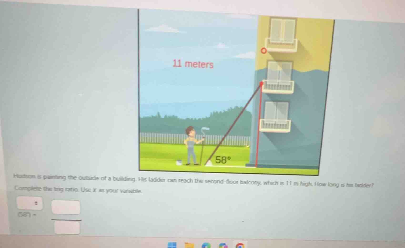 hudson is painting the outside of a building. his ladder can reach the …
