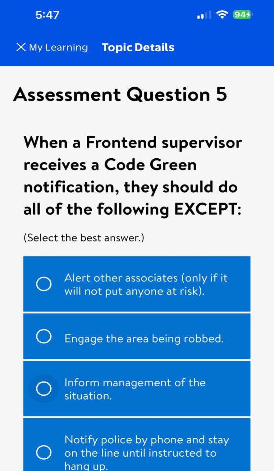assessment question 5 when a frontend supervisor receives a code green …