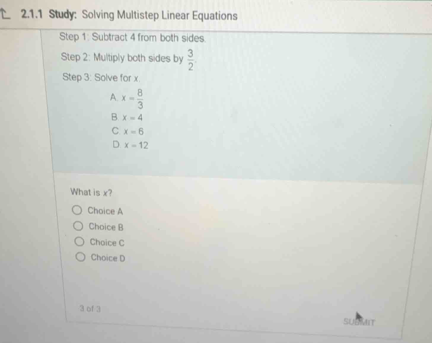 2.1.1 study: solving multistep linear equations step 1: subtract 4 from…