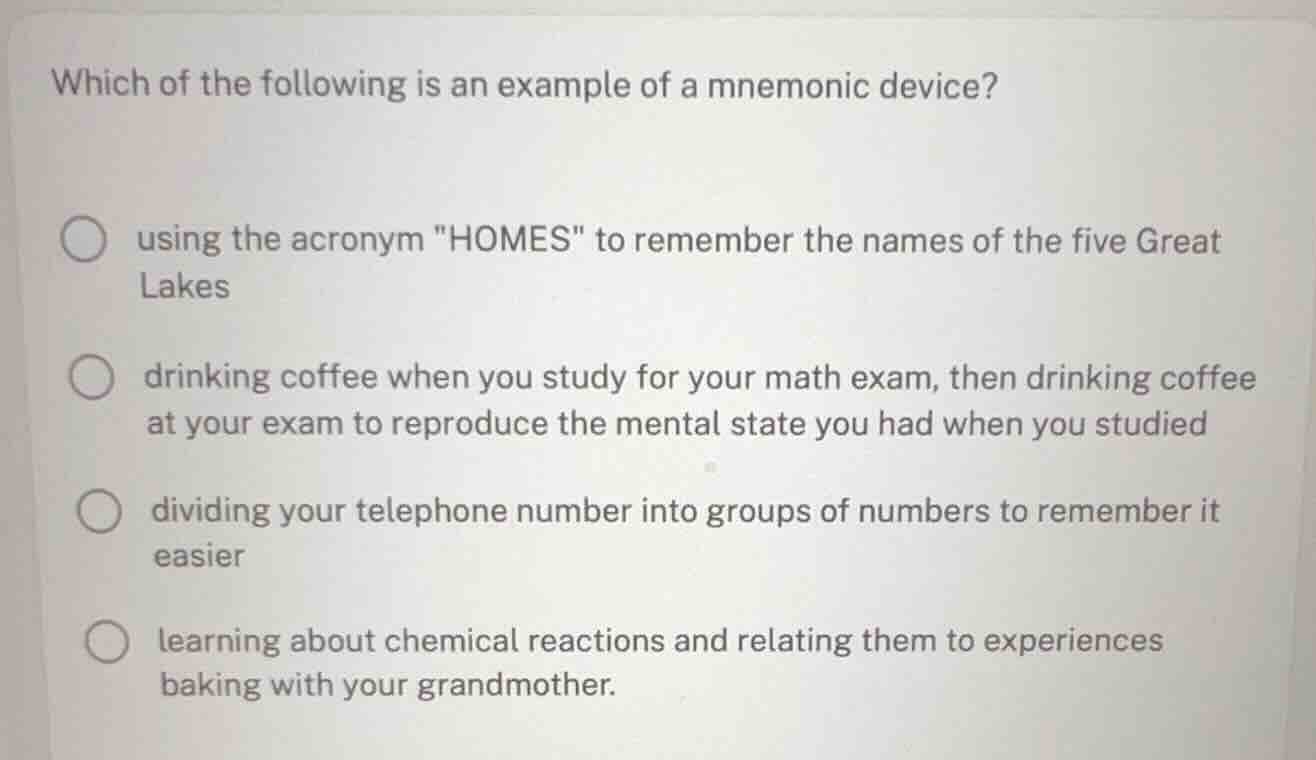 which of the following is an example of a mnemonic device? using the ac…
