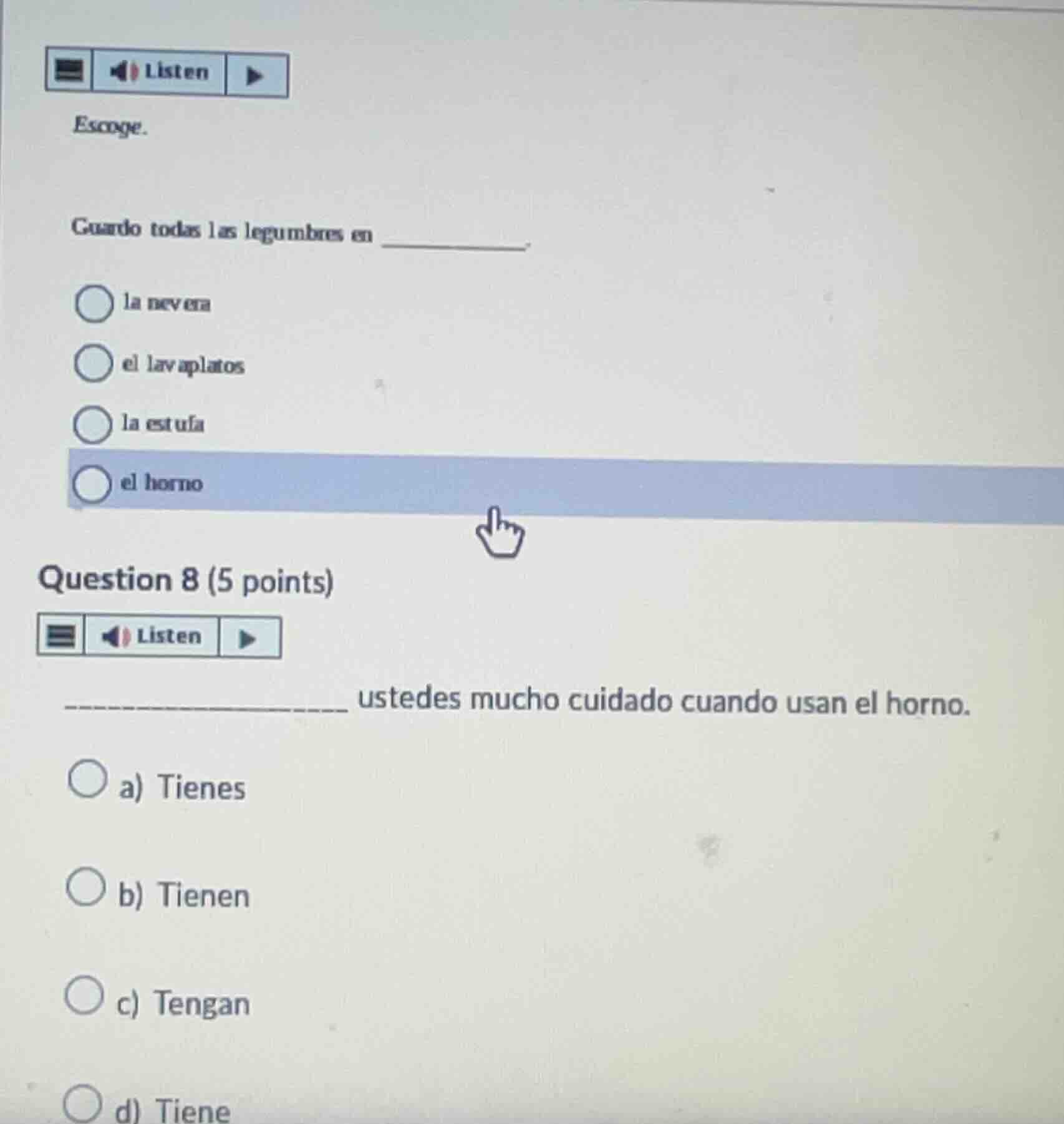 escoge. guardo todas las legumbres en ______. la nevera el lavaplatos l…