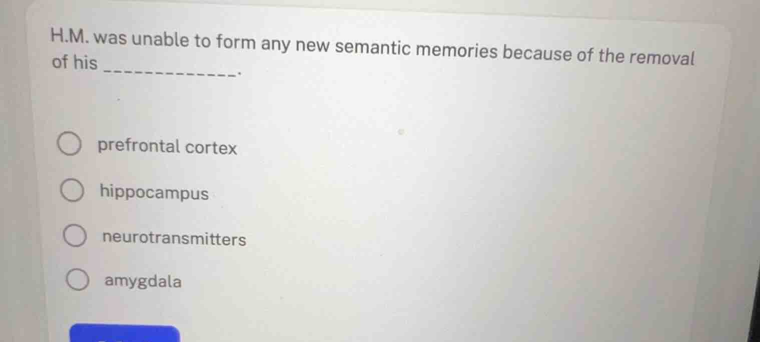 h.m. was unable to form any new semantic memories because of the remova…