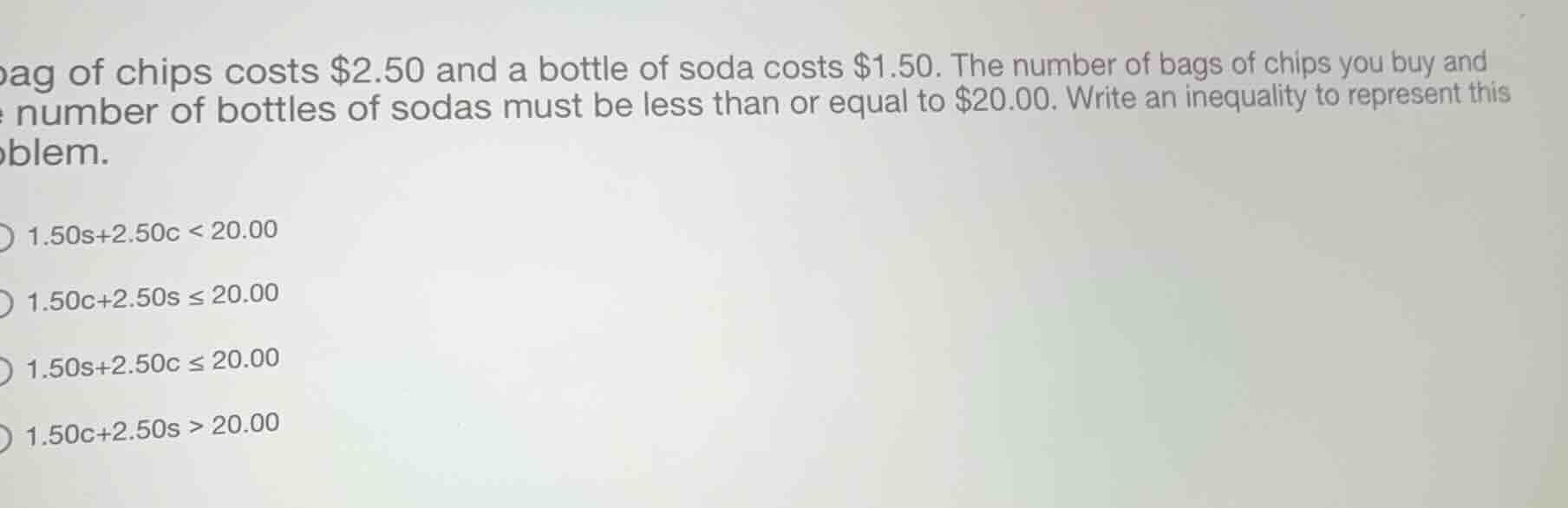 a bag of chips costs $2.50 and a bottle of soda costs $1.50. the number…