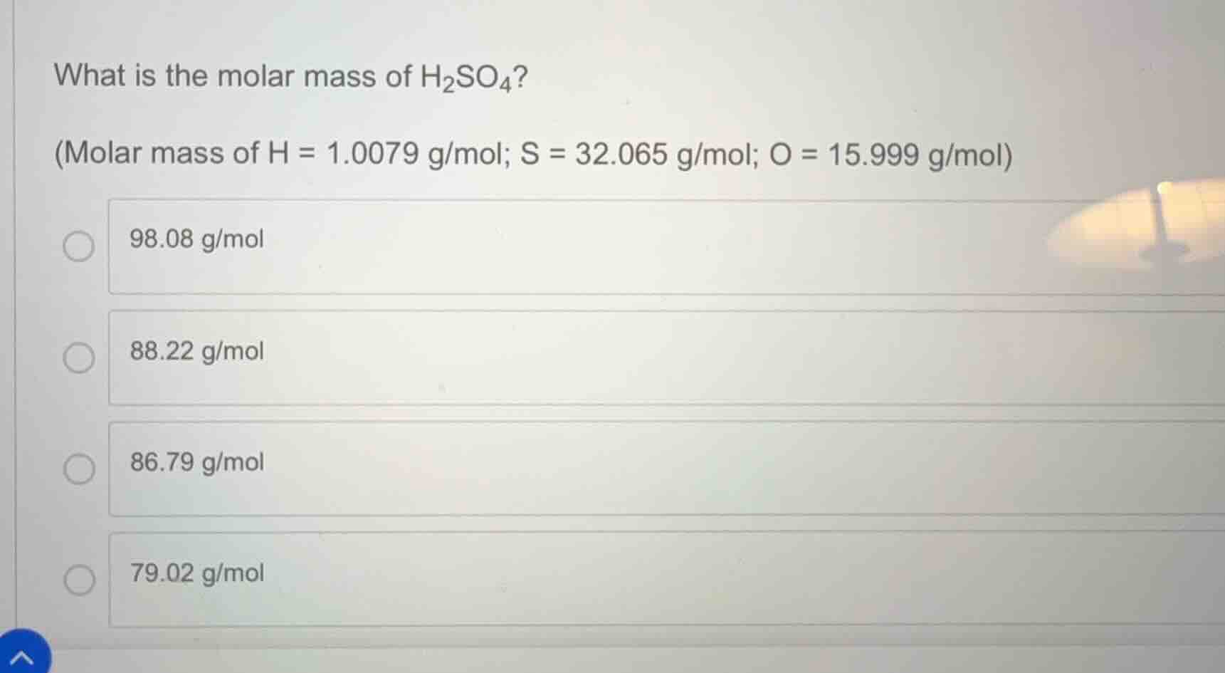 what is the molar mass of \\(\\text{h}_2\\text{so}_4\\)? (molar mass of…