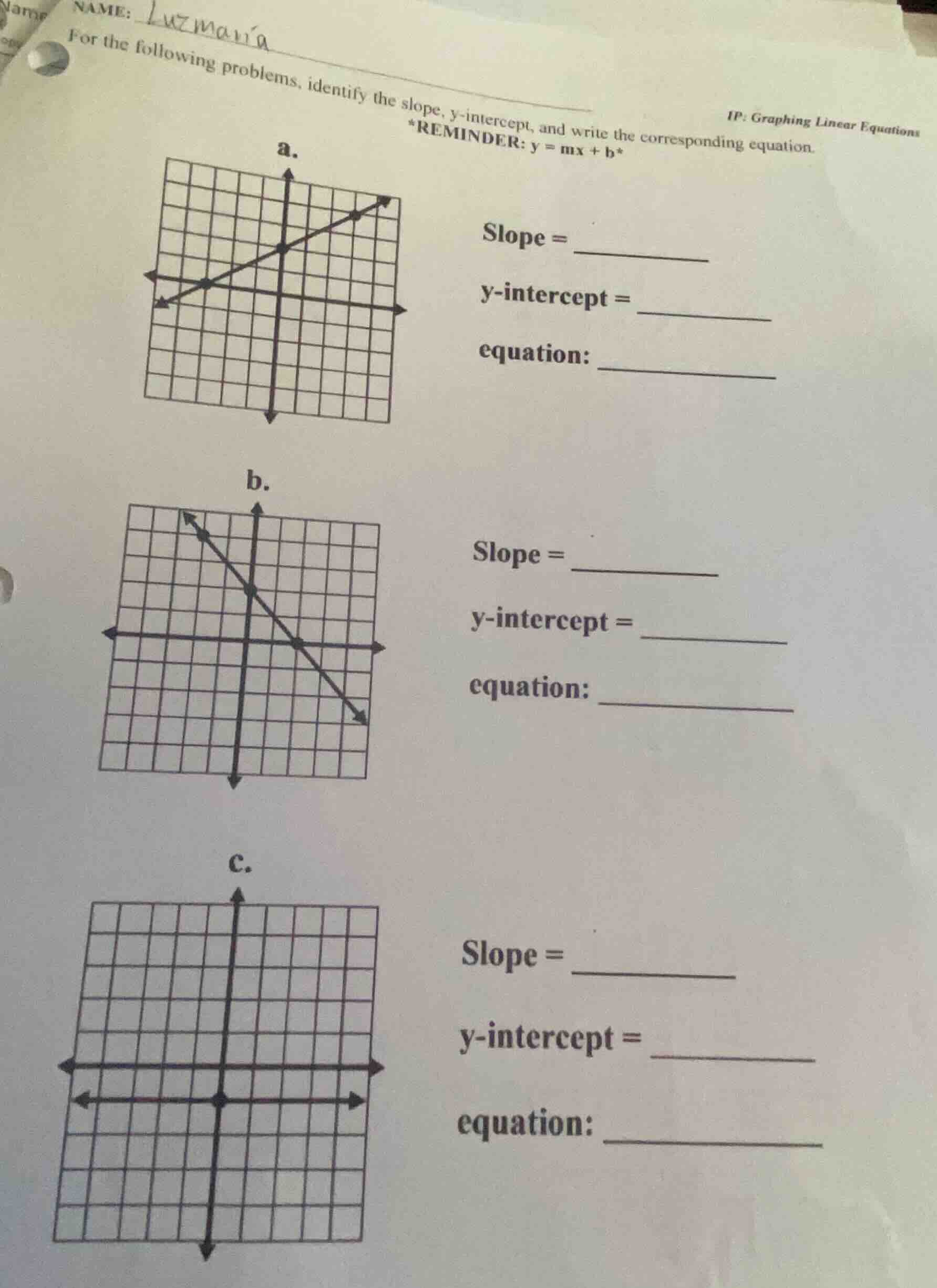 ip: graphing linear equations for the following problems, identify the …