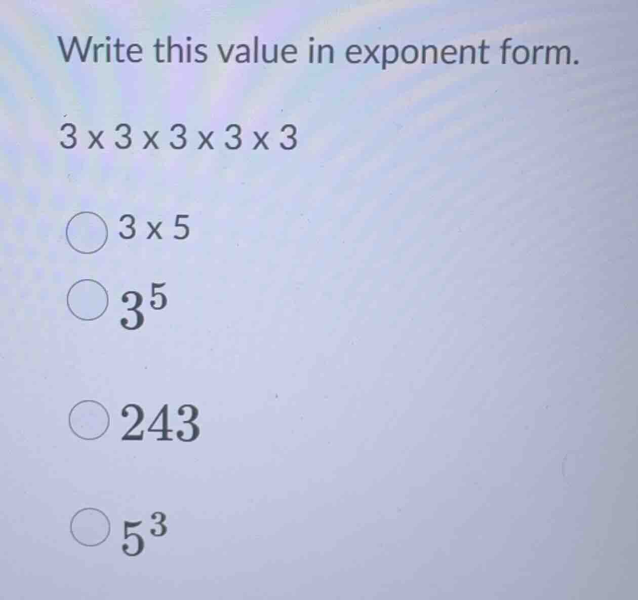 write this value in exponent form. \\(3 \\times 3 \\times 3 \\times 3 \…
