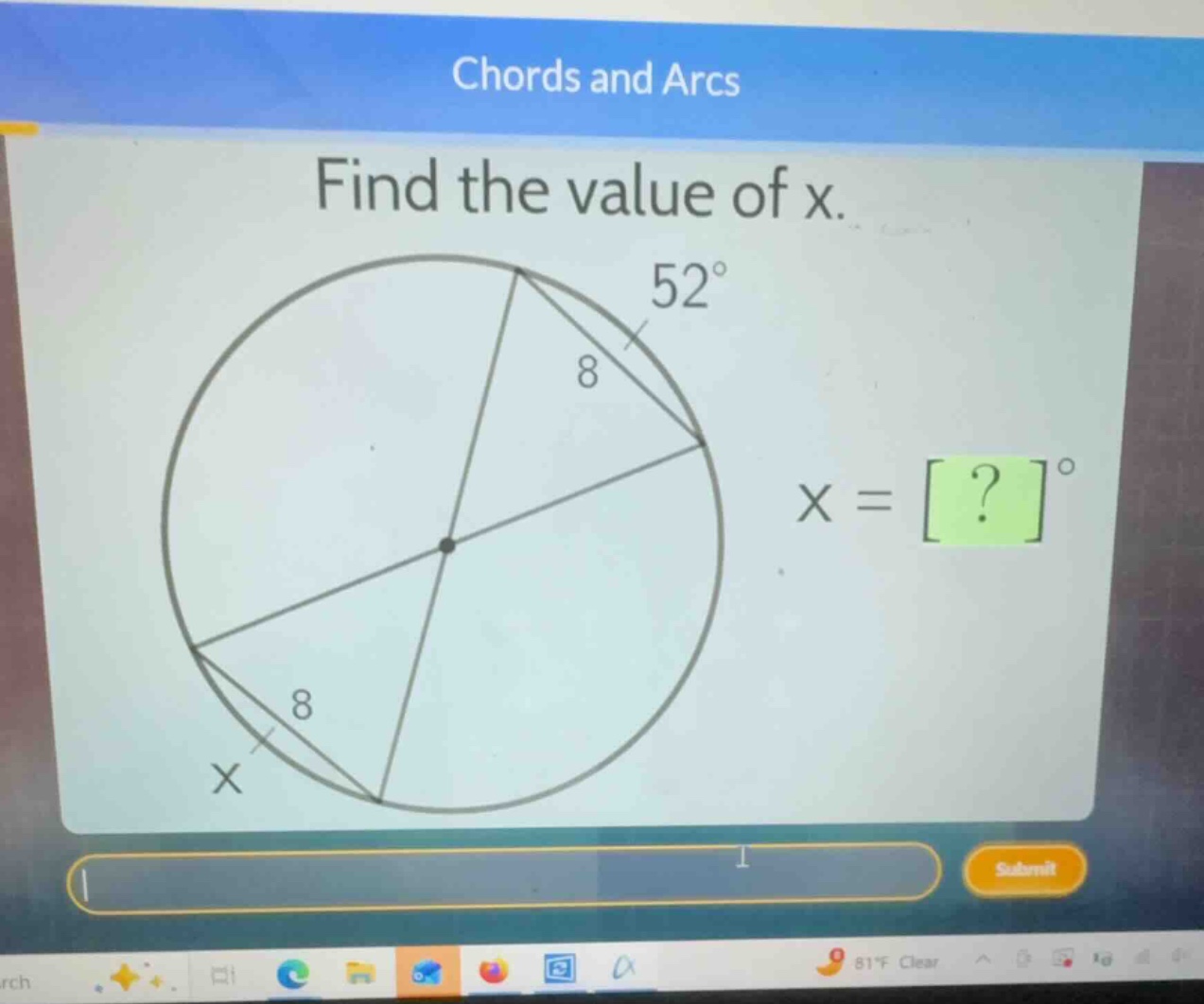 chords and arcs find the value of x. (x = ?^{\\circ})