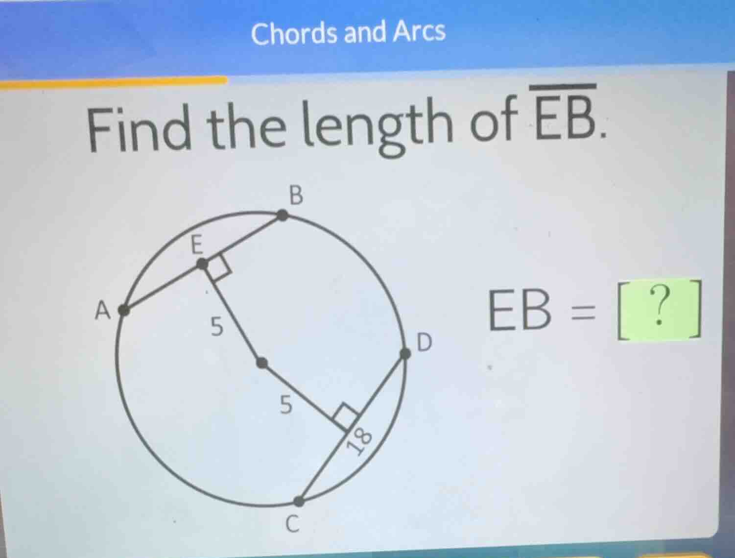 chords and arcs find the length of \\(\\overline{eb}\\). \\(eb = ?\\)
