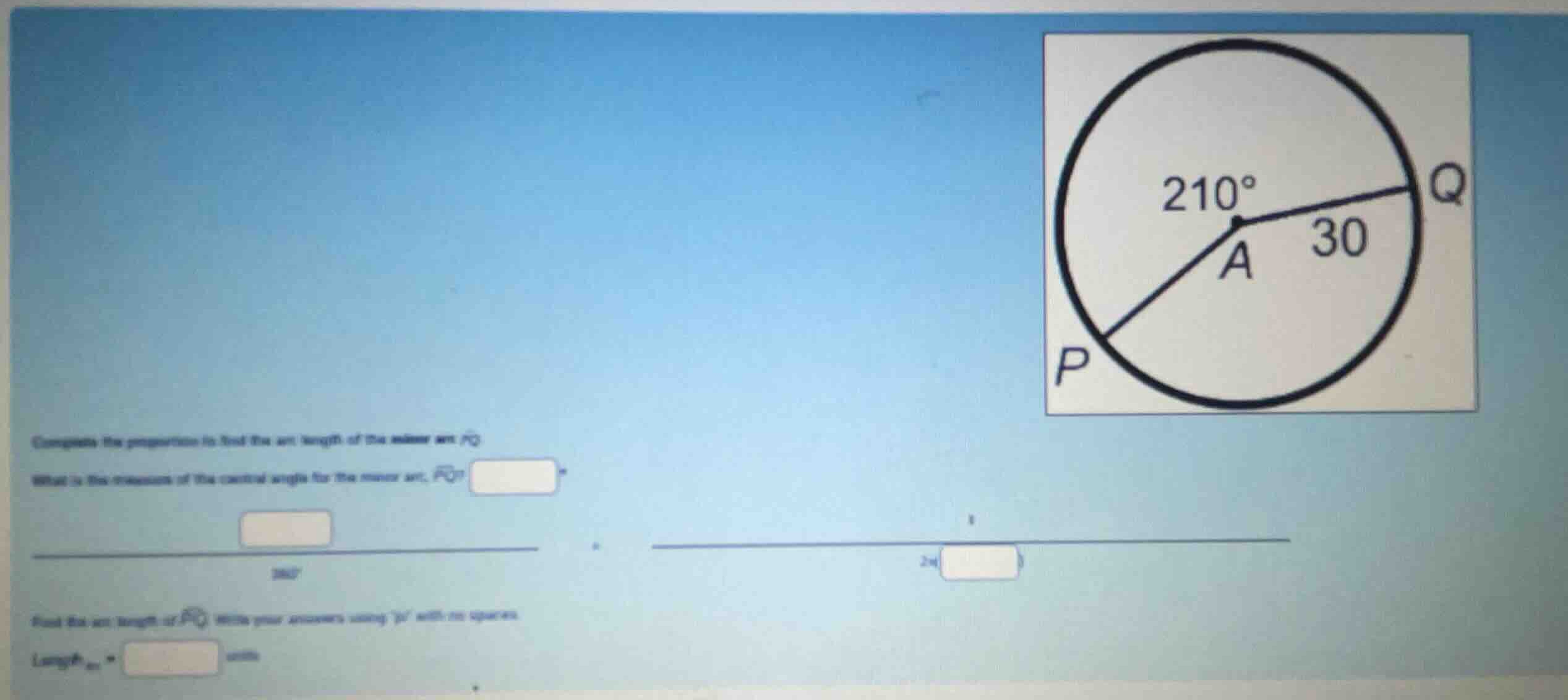 complete the proportion to find the arc length of the minor arc \\(pq\\…