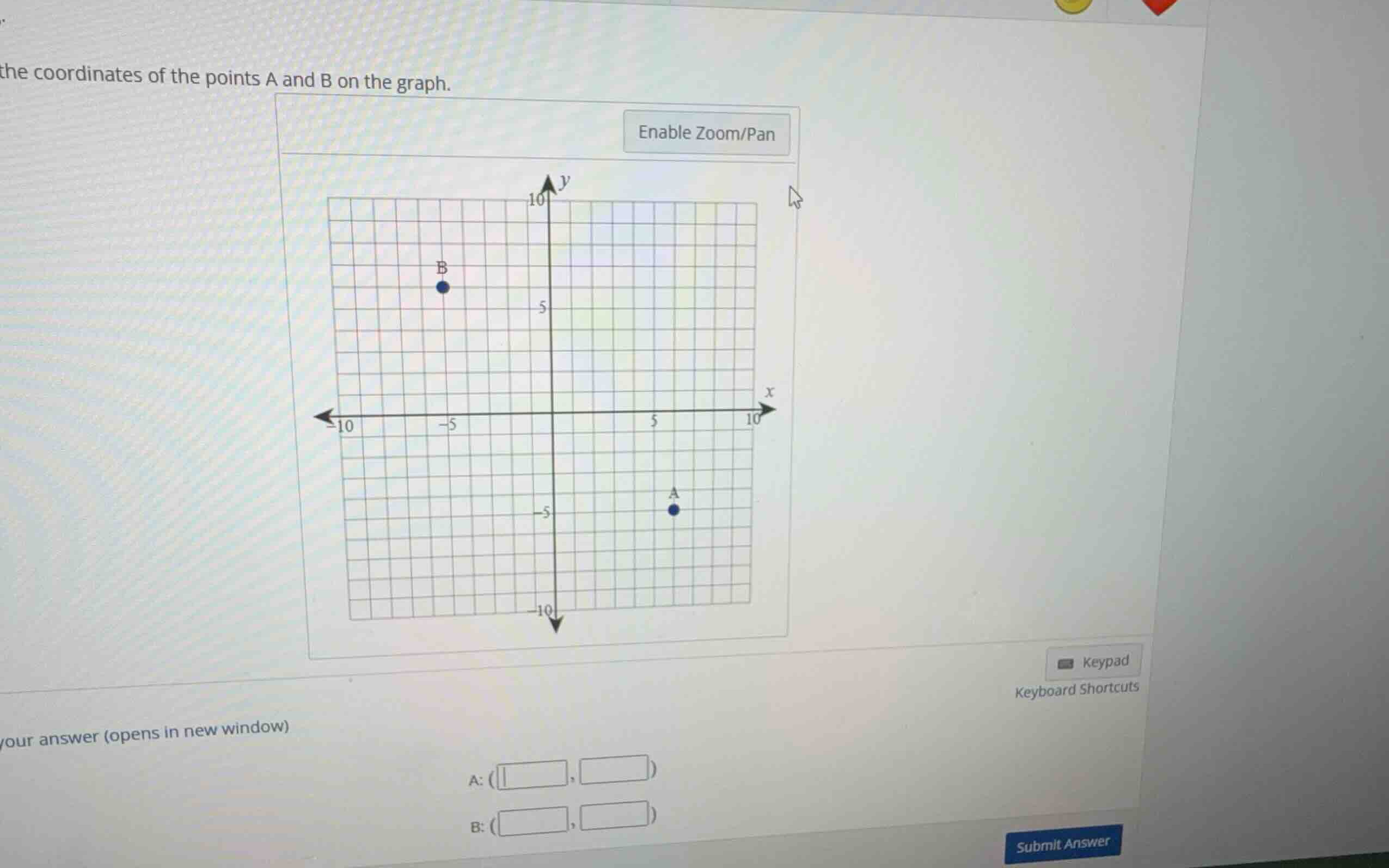 the coordinates of the points a and b on the graph. a: ( , ) b: ( , )