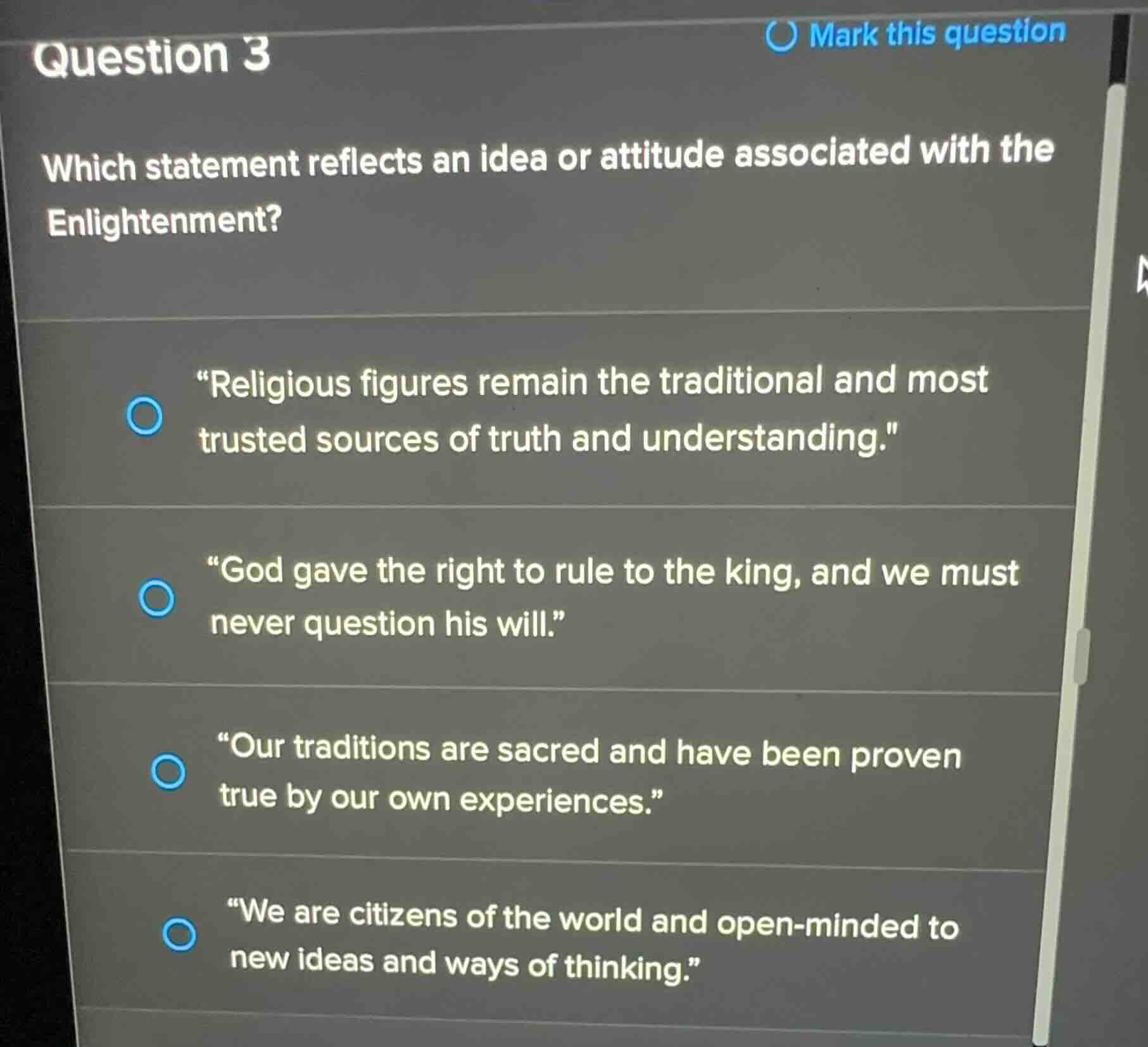 question 3 which statement reflects an idea or attitude associated with…