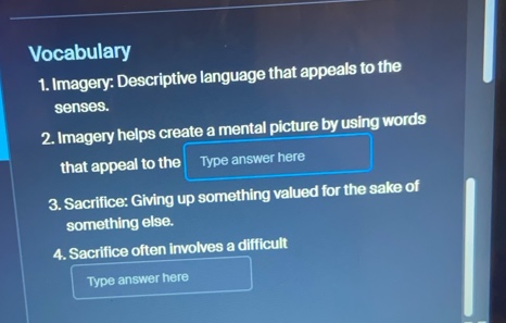 vocabulary 1. imagery: descriptive language that appeals to the senses.…