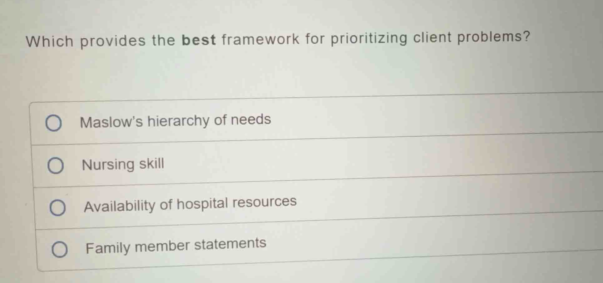which provides the best framework for prioritizing client problems? mas…