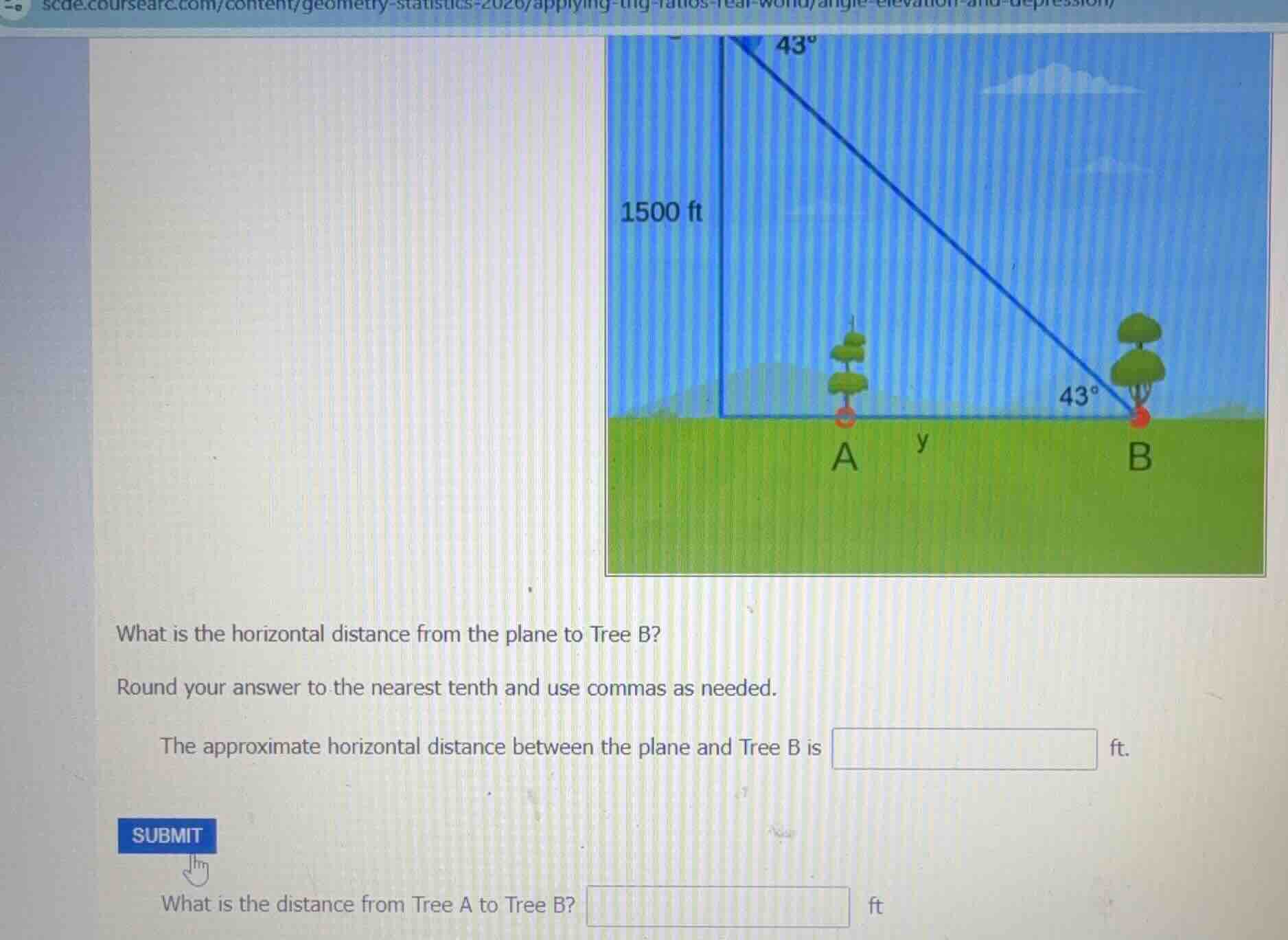 what is the horizontal distance from the plane to tree b? round your an…