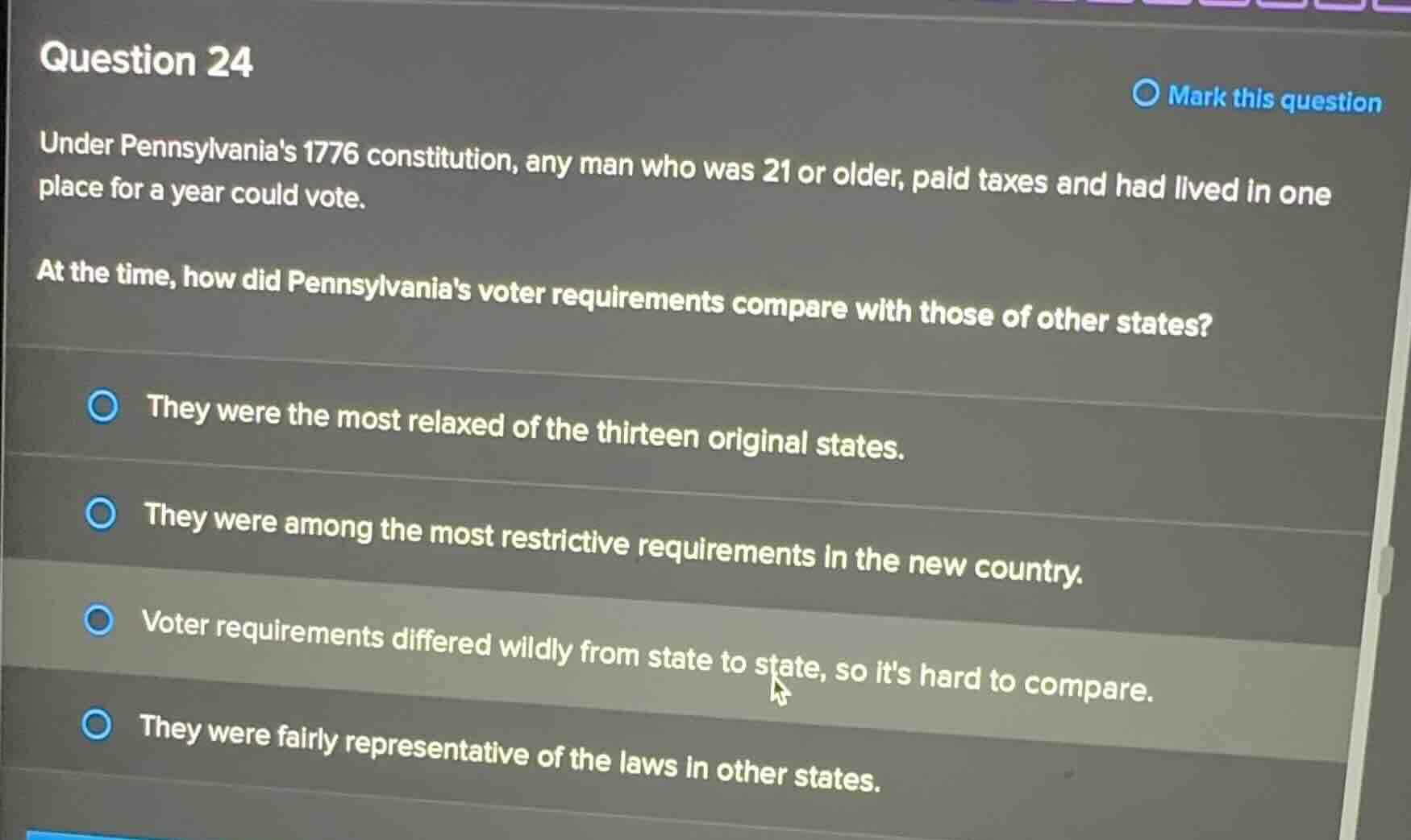 question 24 under pennsylvanias 1776 constitution, any man who was 21 o…