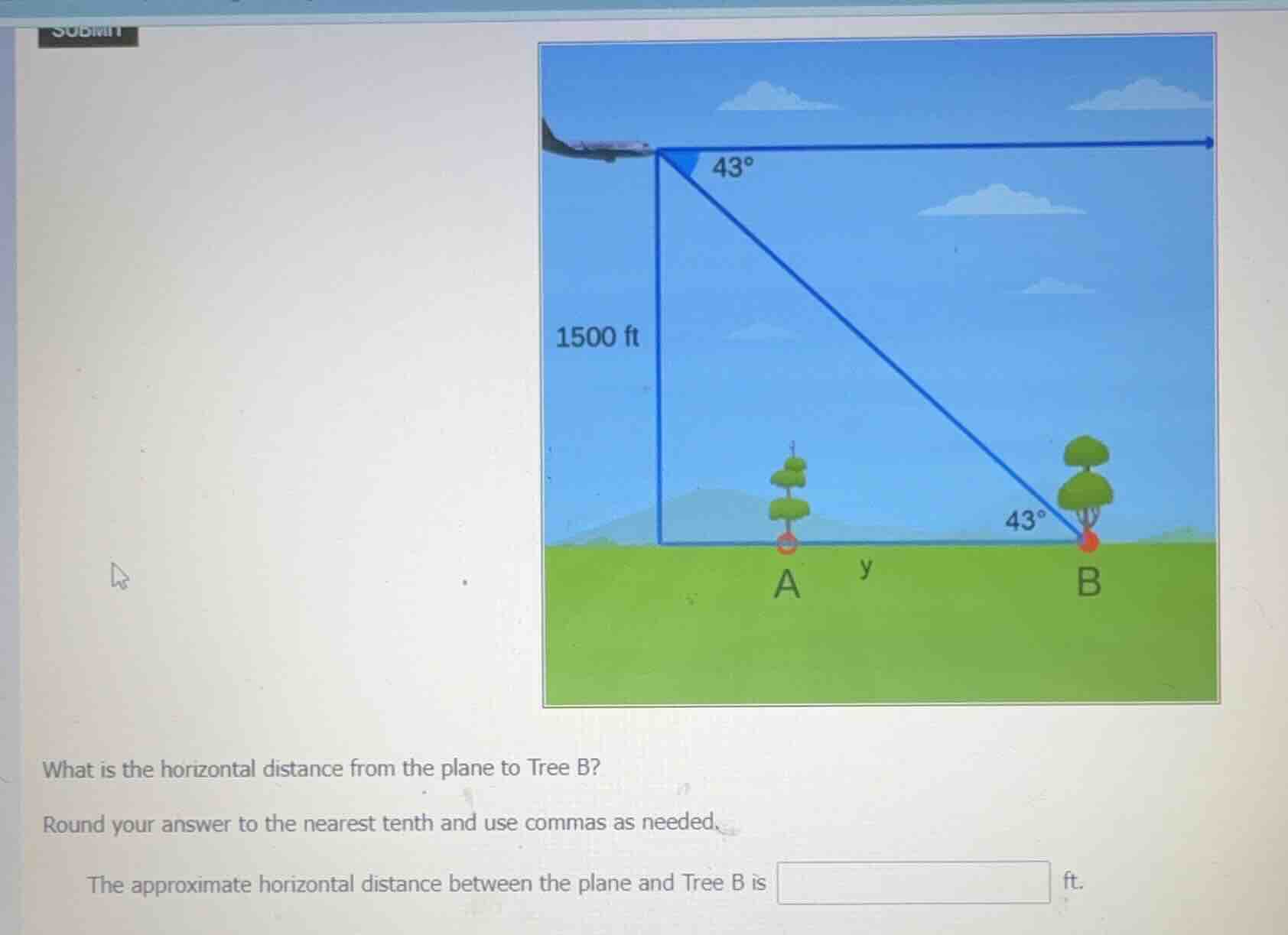 what is the horizontal distance from the plane to tree b? round your an…