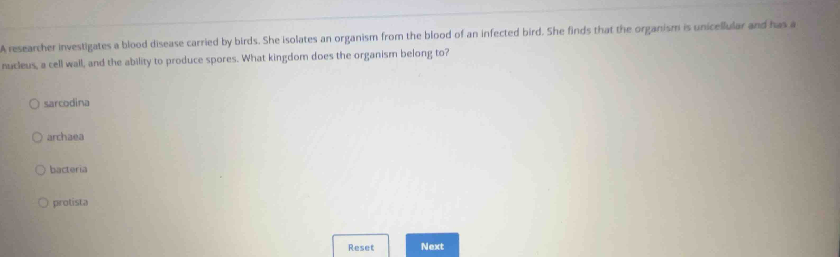 a researcher investigates a blood disease carried by birds. she isolate…