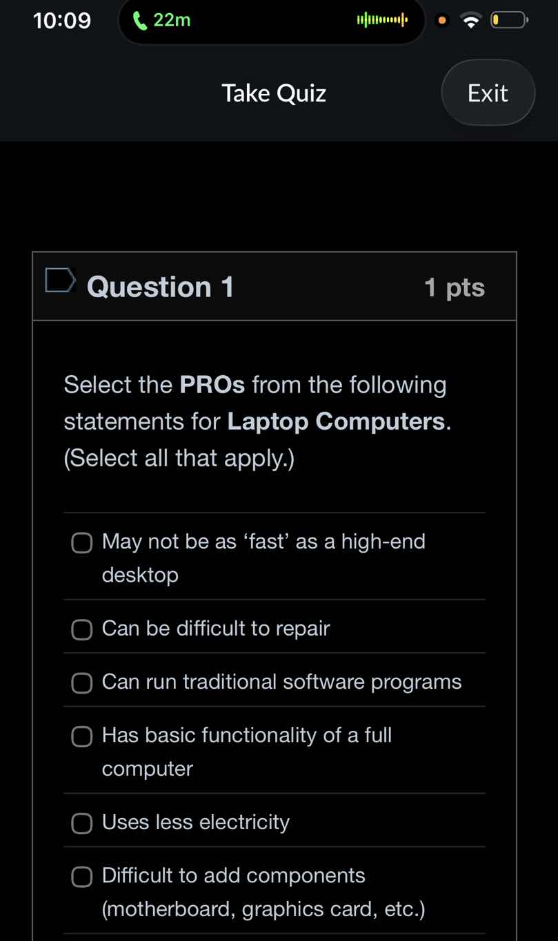select the pros from the following statements for laptop computers. (se…