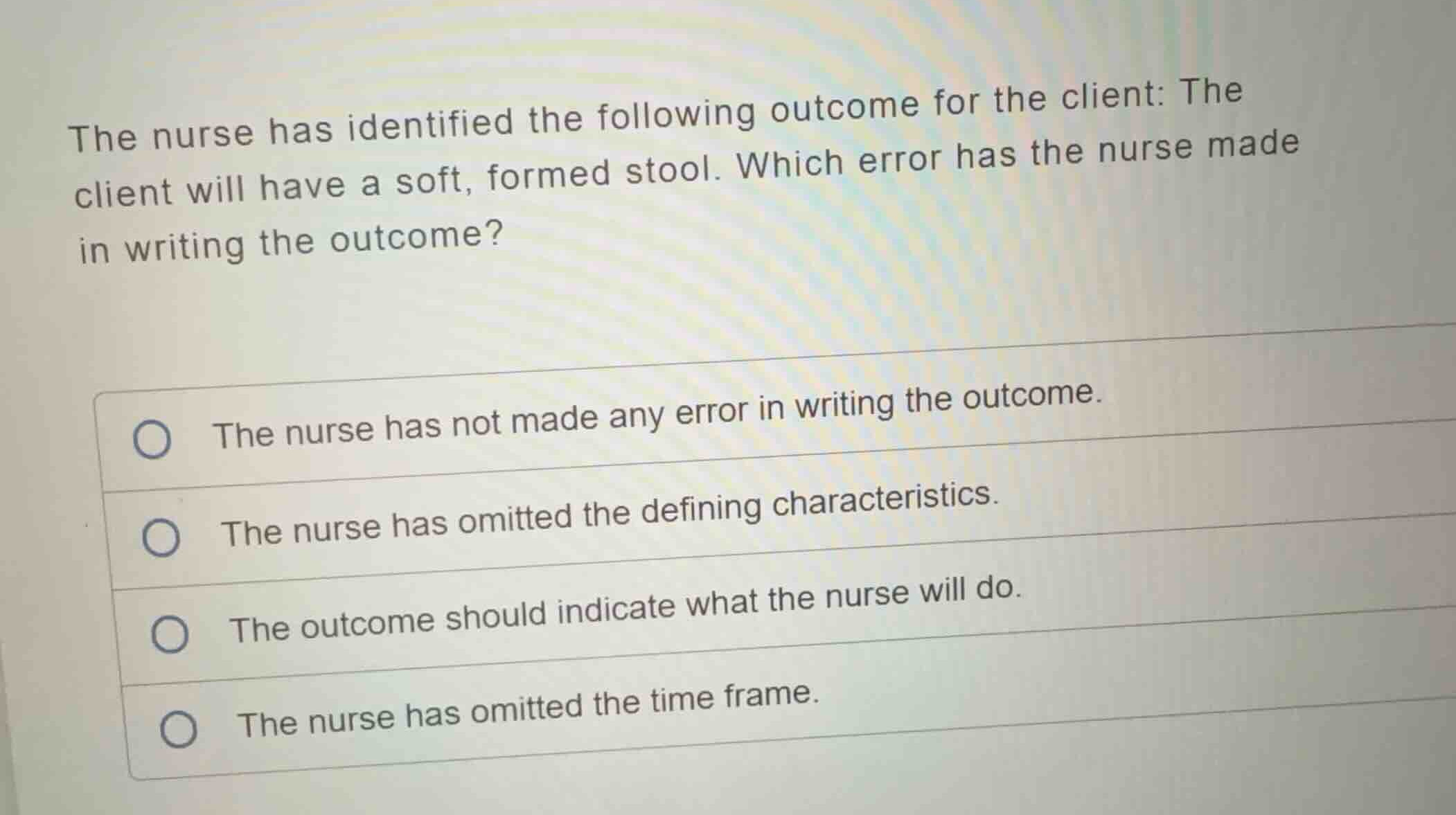 the nurse has identified the following outcome for the client: the clie…