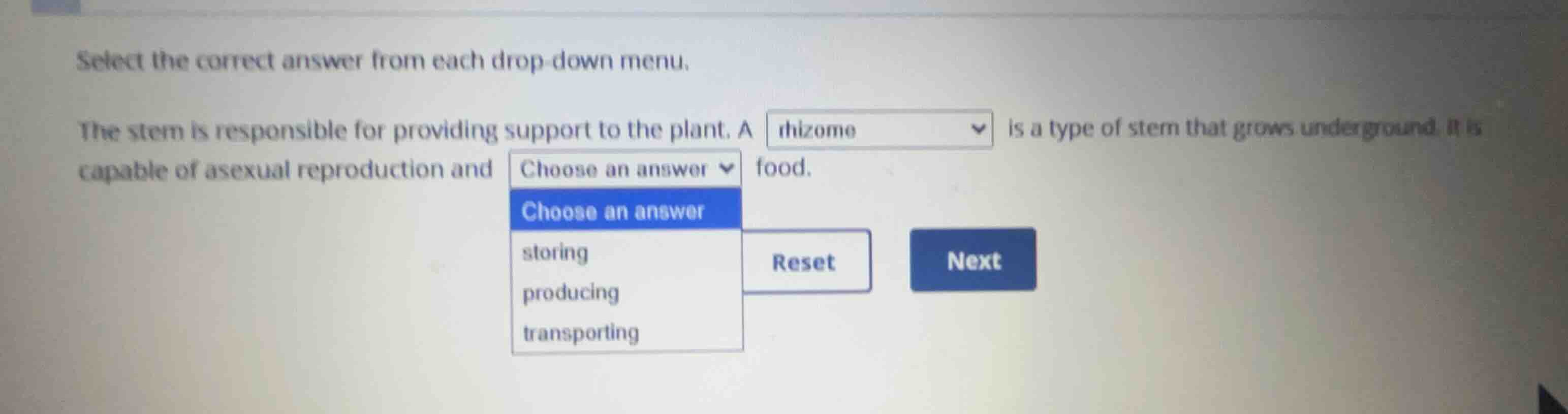 select the correct answer from each drop-down menu. the stem is respons…