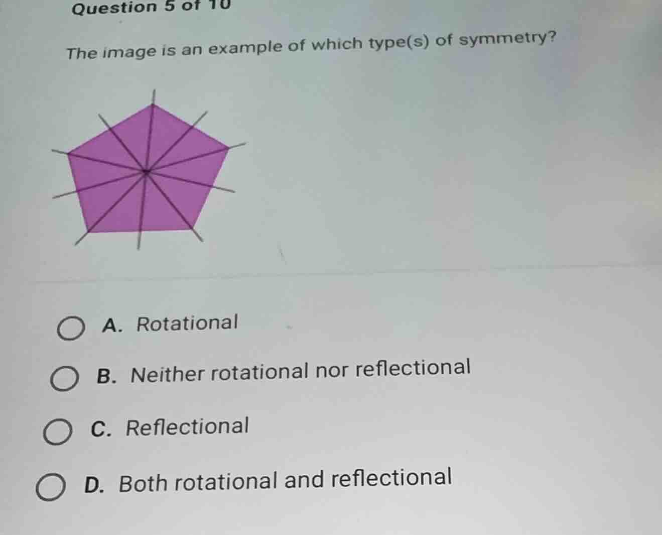 question 5 of 10 the image is an example of which type(s) of symmetry? …