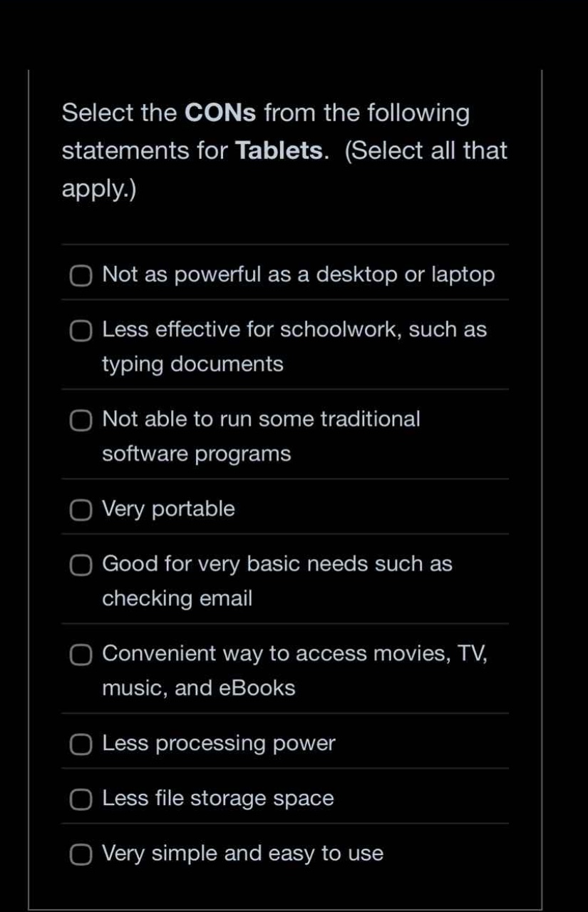 select the cons from the following statements for tablets. (select all …
