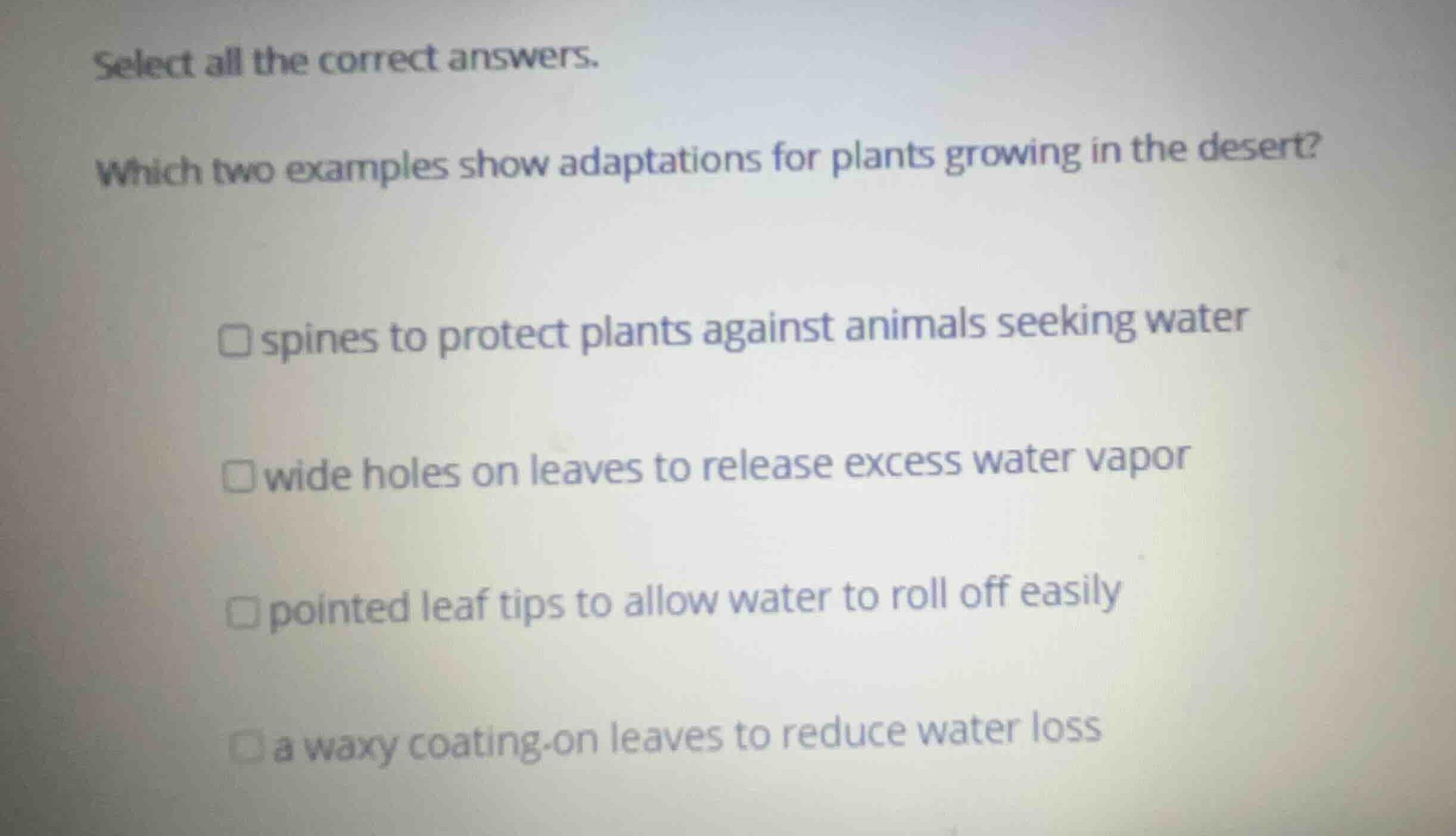 select all the correct answers. which two examples show adaptations for…