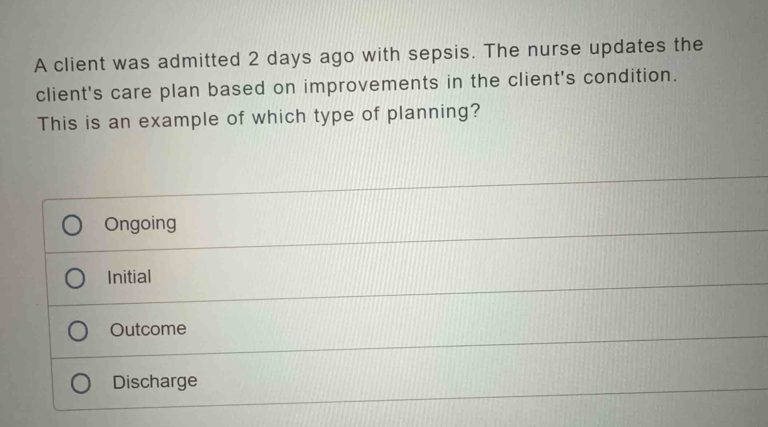 a client was admitted 2 days ago with sepsis. the nurse updates the cli…