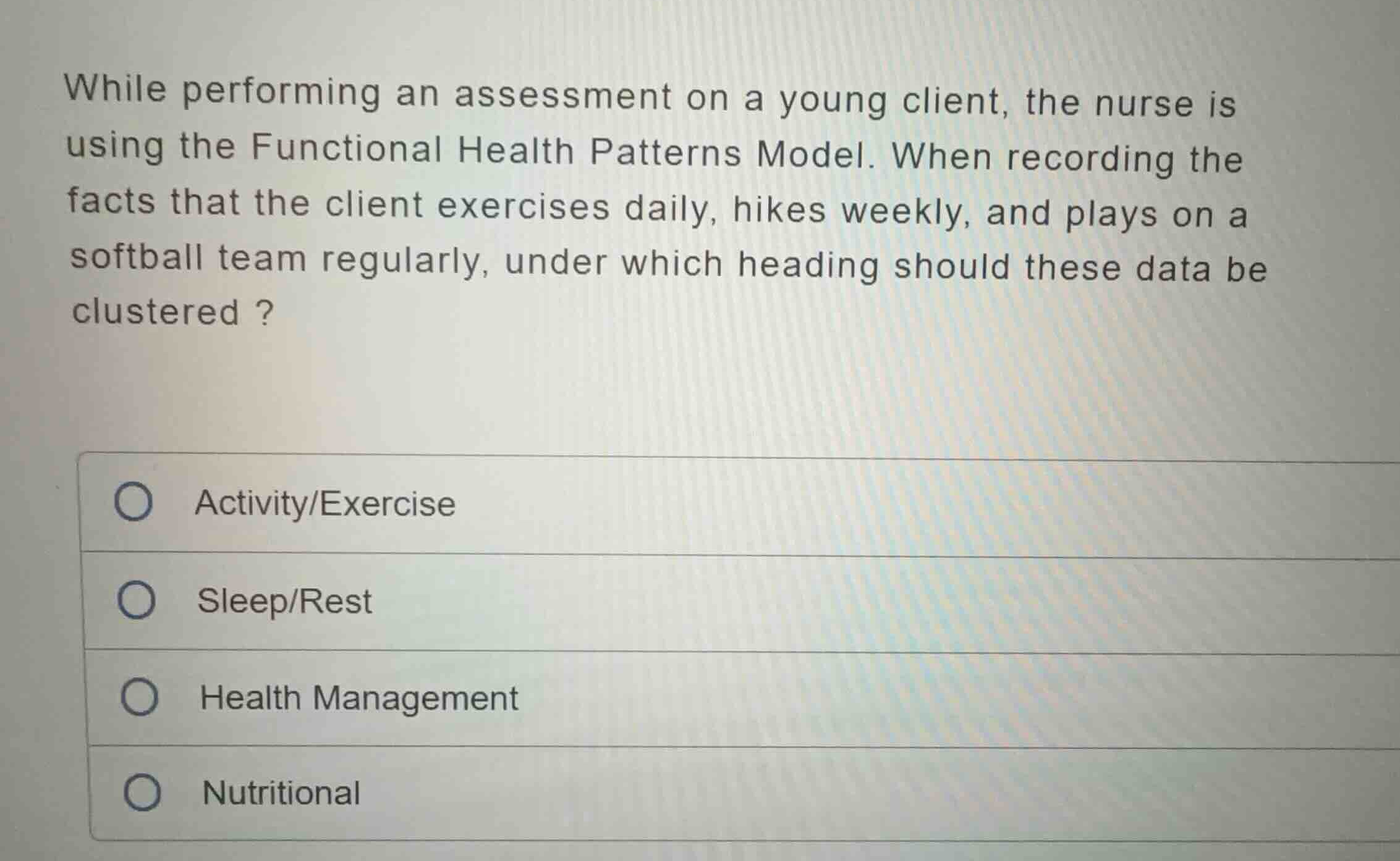 while performing an assessment on a young client, the nurse is using th…