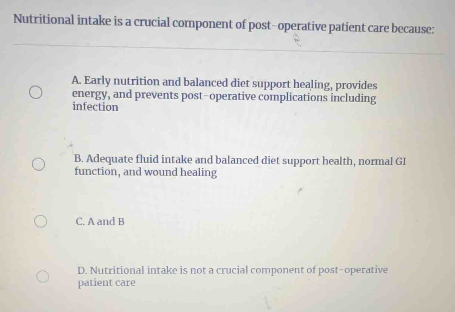 nutritional intake is a crucial component of post-operative patient car…