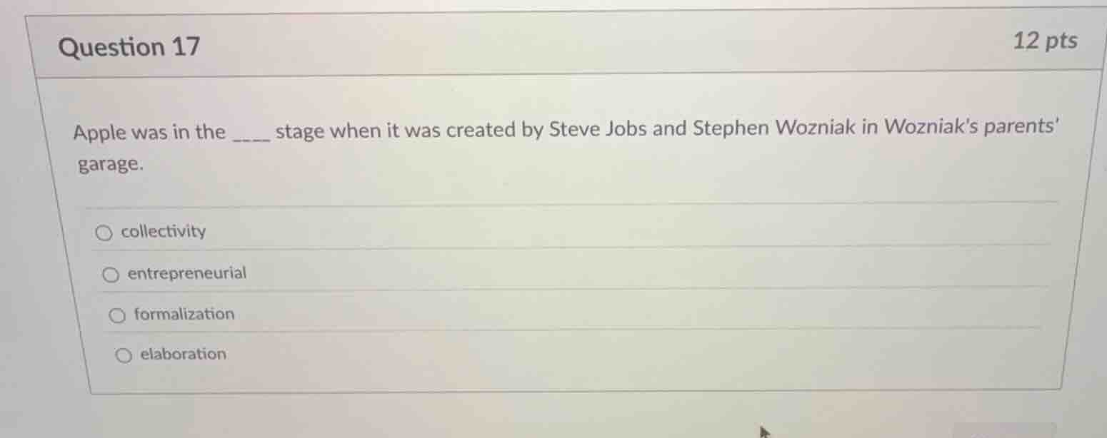 question 17 12 pts apple was in the ____ stage when it was created by s…