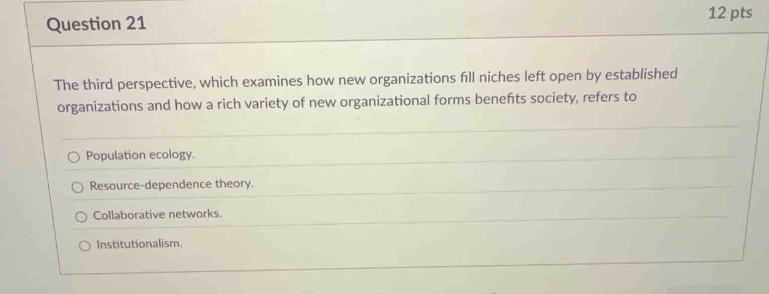 question 21 the third perspective, which examines how new organizations…