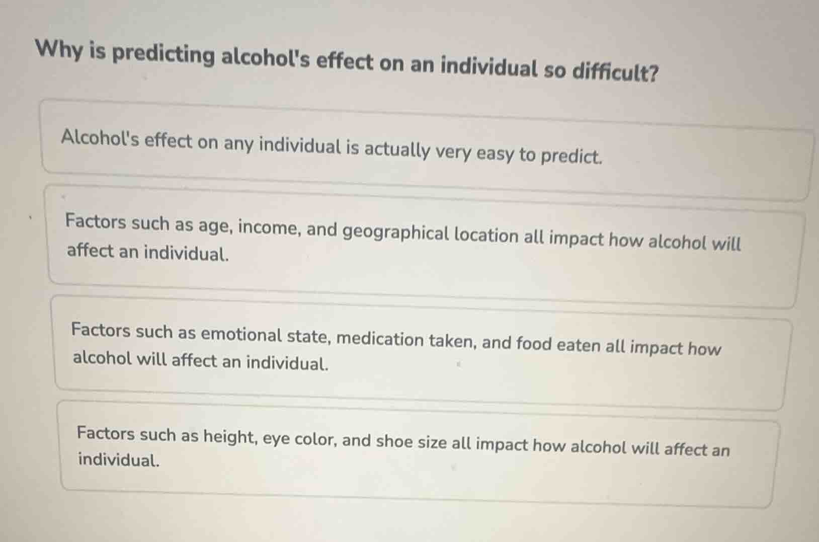 why is predicting alcohols effect on an individual so difficult? alcoho…