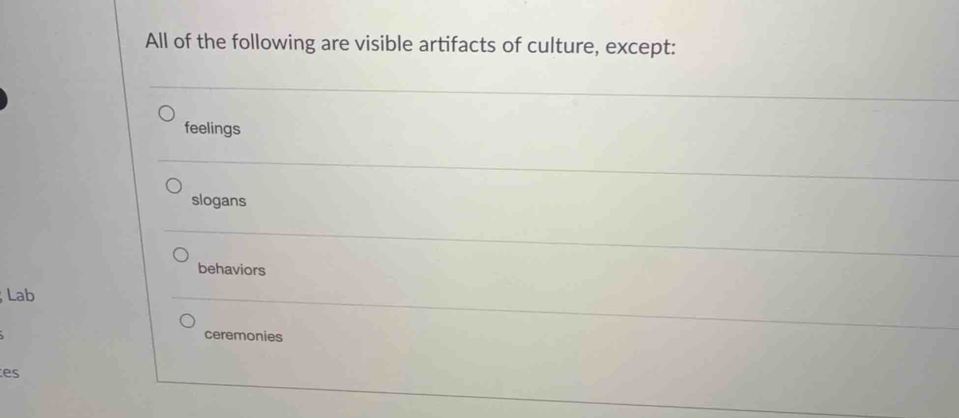 all of the following are visible artifacts of culture, except: feelings…