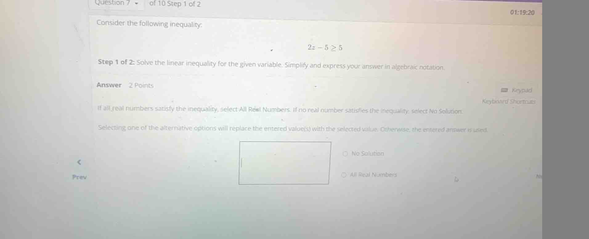 consider the following inequality: \\2z - 5 \\ge 5\\ step 1 of 2: solve…