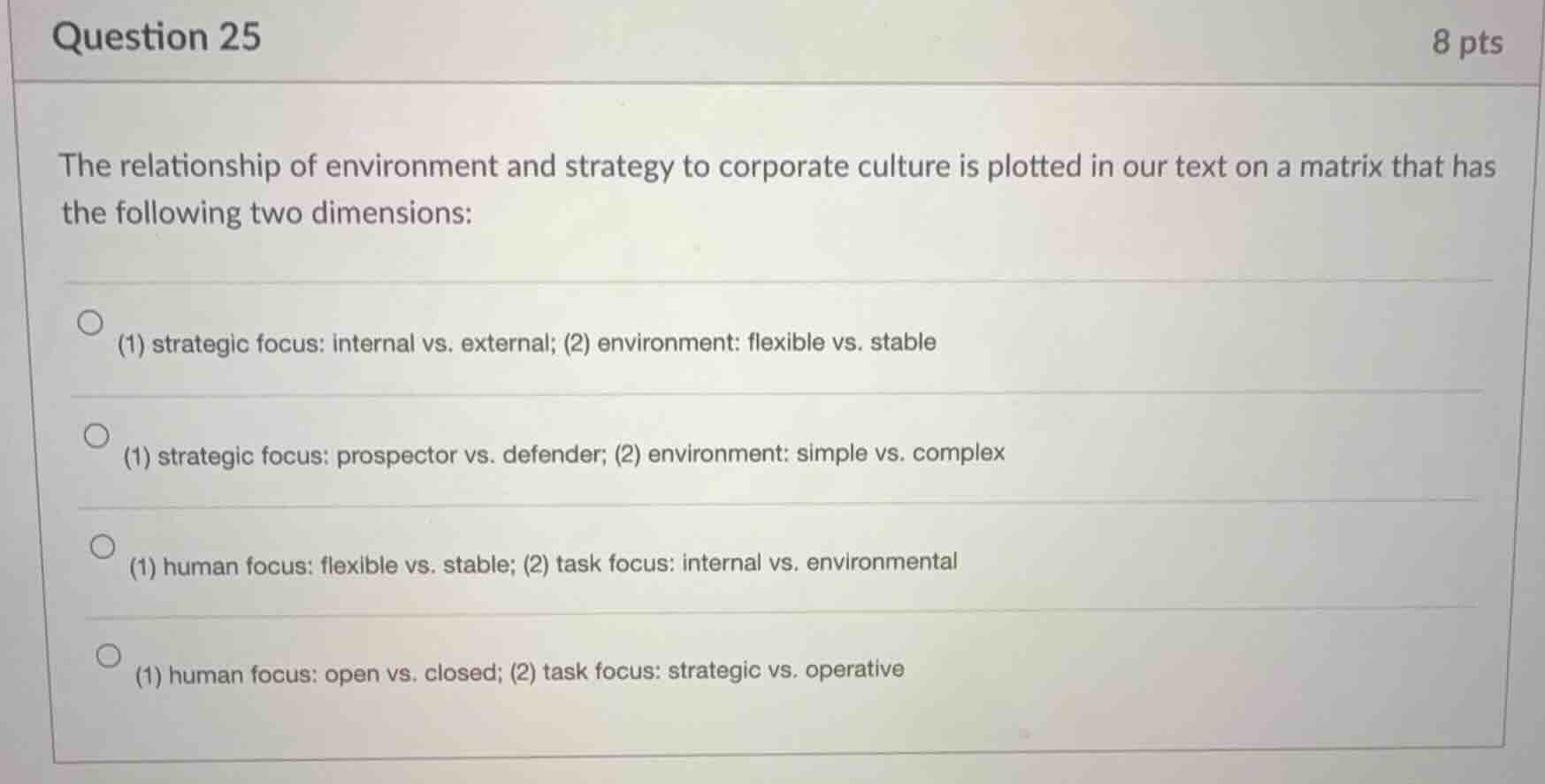 question 25 8 pts the relationship of environment and strategy to corpo…