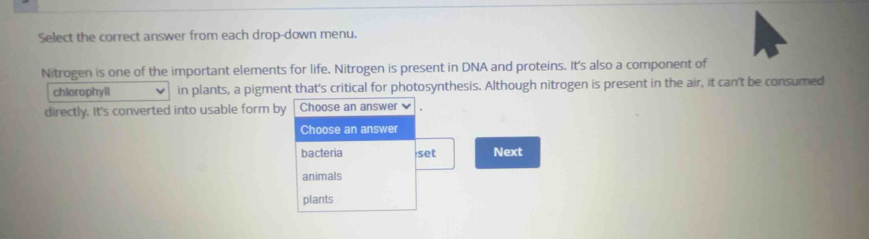 select the correct answer from each drop-down menu. nitrogen is one of …