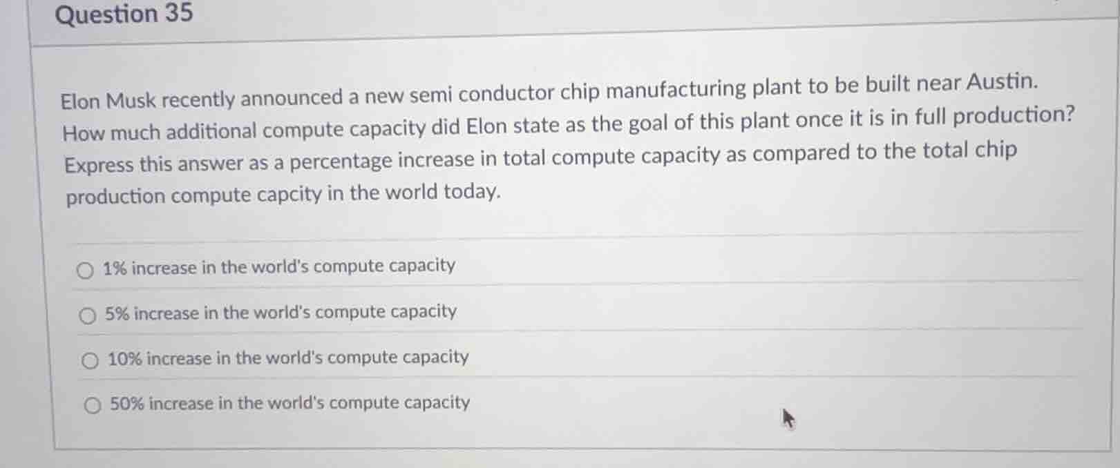 question 35 elon musk recently announced a new semi conductor chip manu…