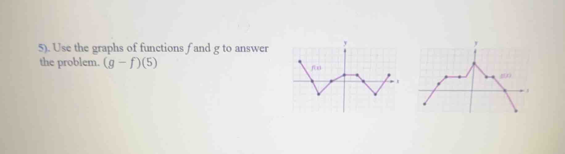 5). use the graphs of functions f and g to answer the problem. (g - f)(…