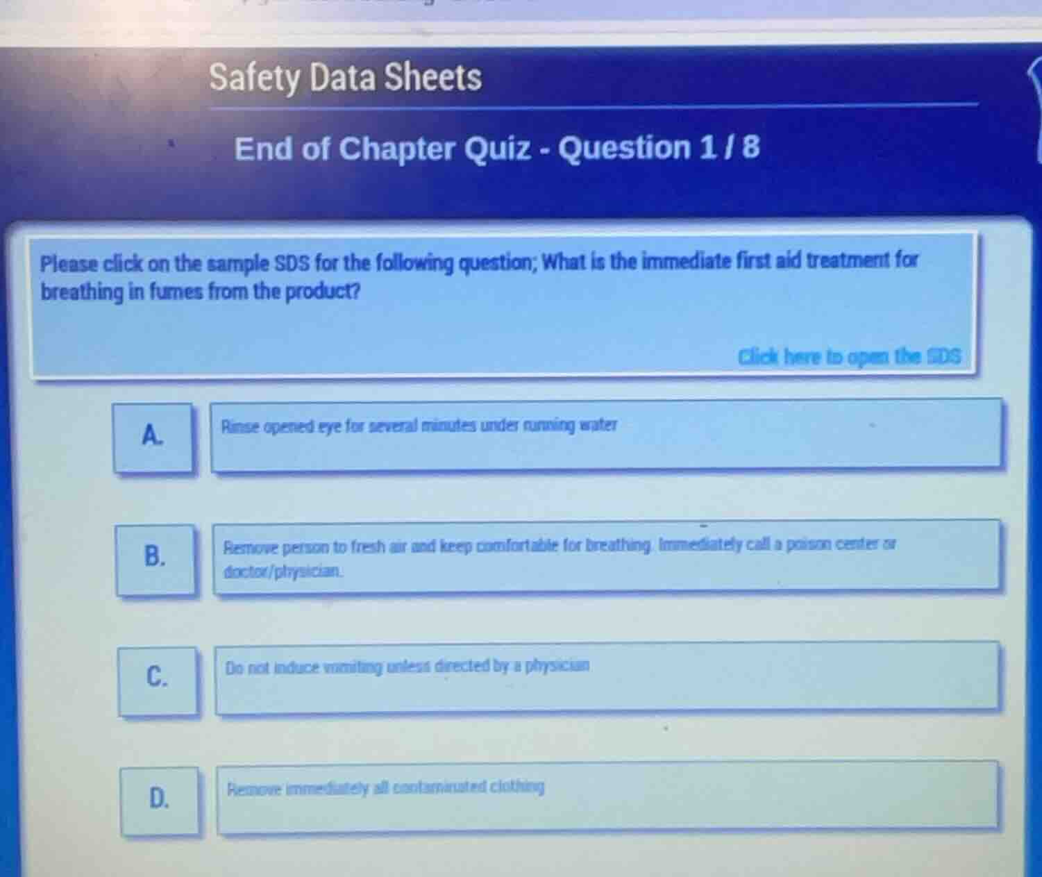 safety data sheets end of chapter quiz - question 1 / 8 please click on…