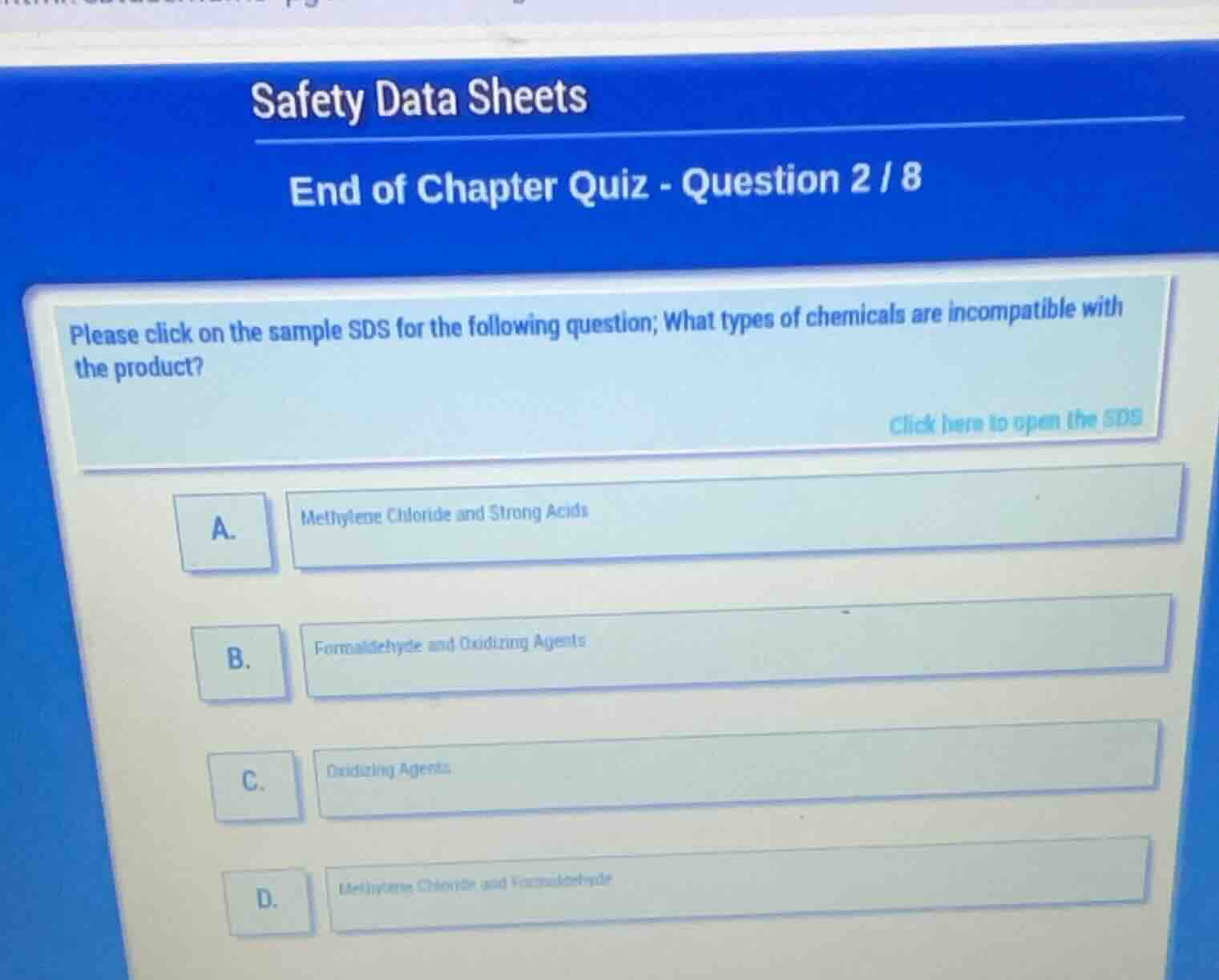 safety data sheets end of chapter quiz - question 2 / 8 please click on…