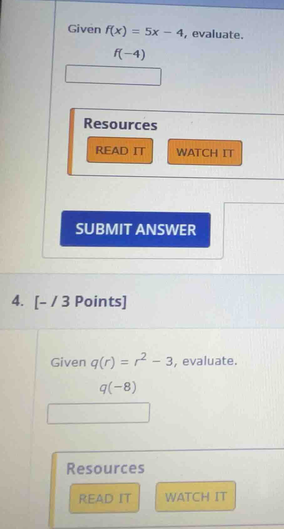 given \\(f(x) = 5x - 4\\), evaluate. \\(f(-4)\\) 4. - / 3 points given …