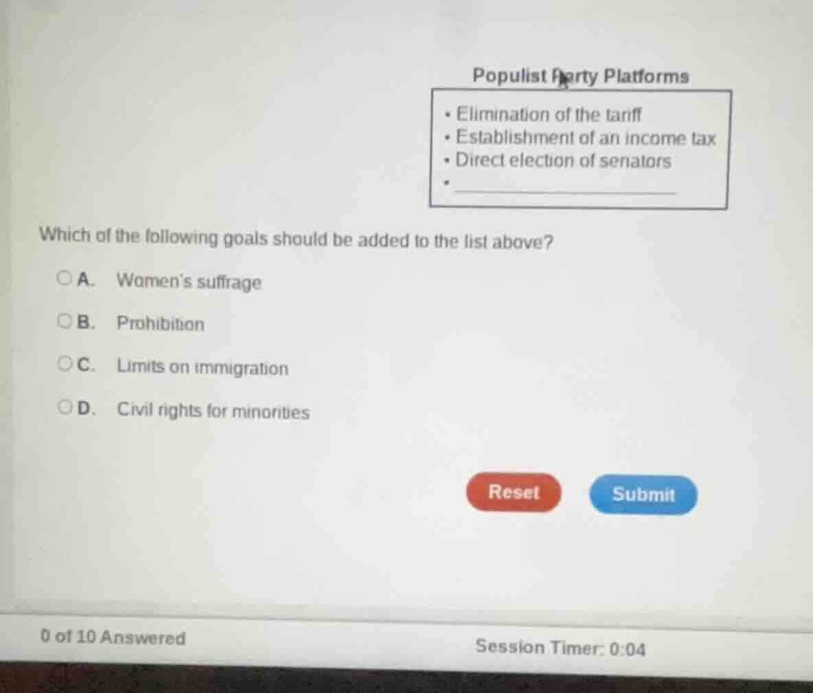 populist party platforms * elimination of the tariff * establishment of…