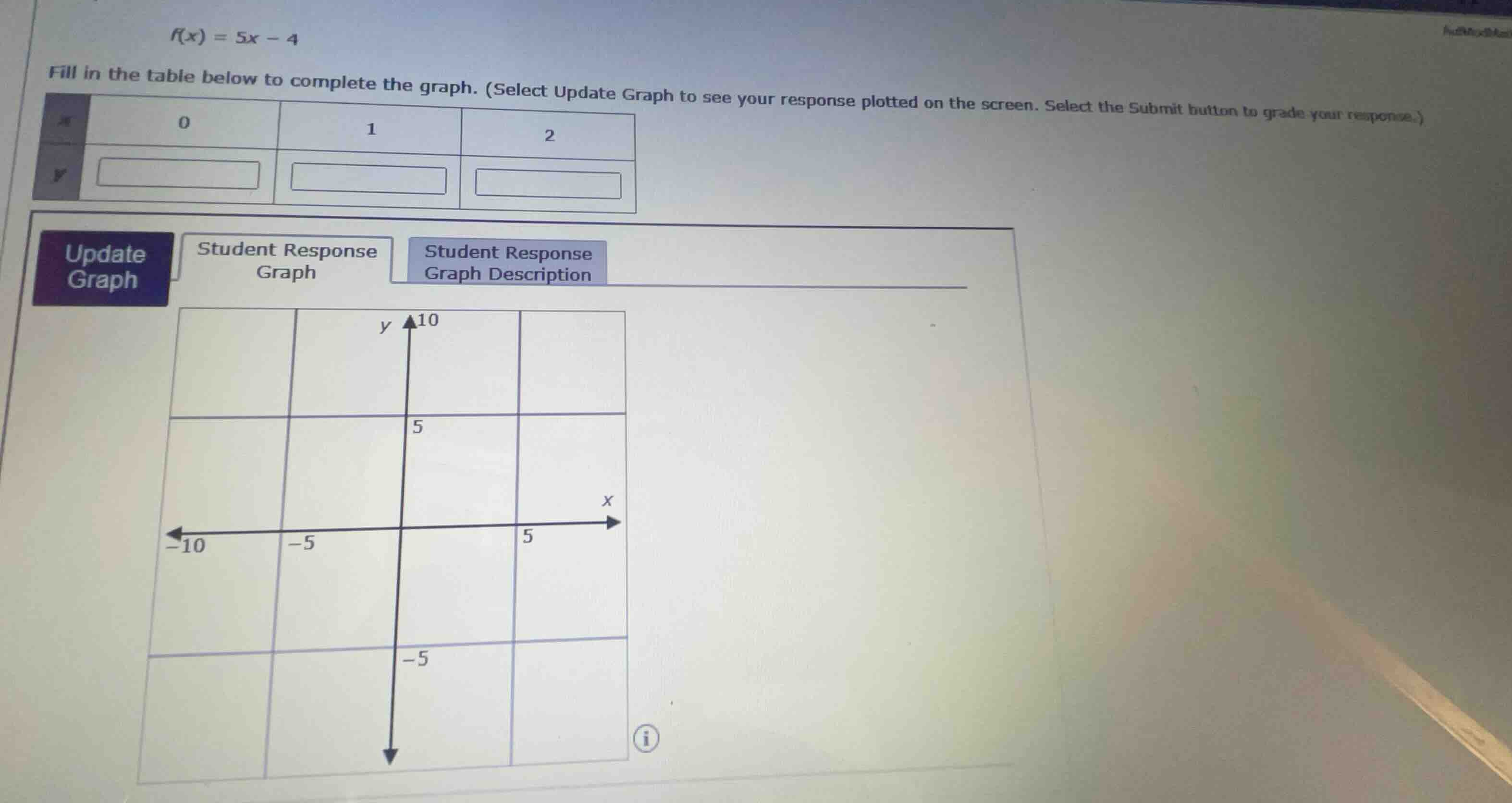\\f(x) = 5x - 4\\ fill in the table below to complete the graph. (selec…