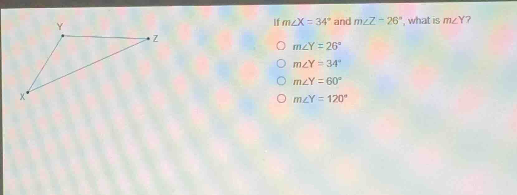 if \\(m\\angle x = 34^{\\circ}\\) and \\(m\\angle z = 26^{\\circ}\\), w…