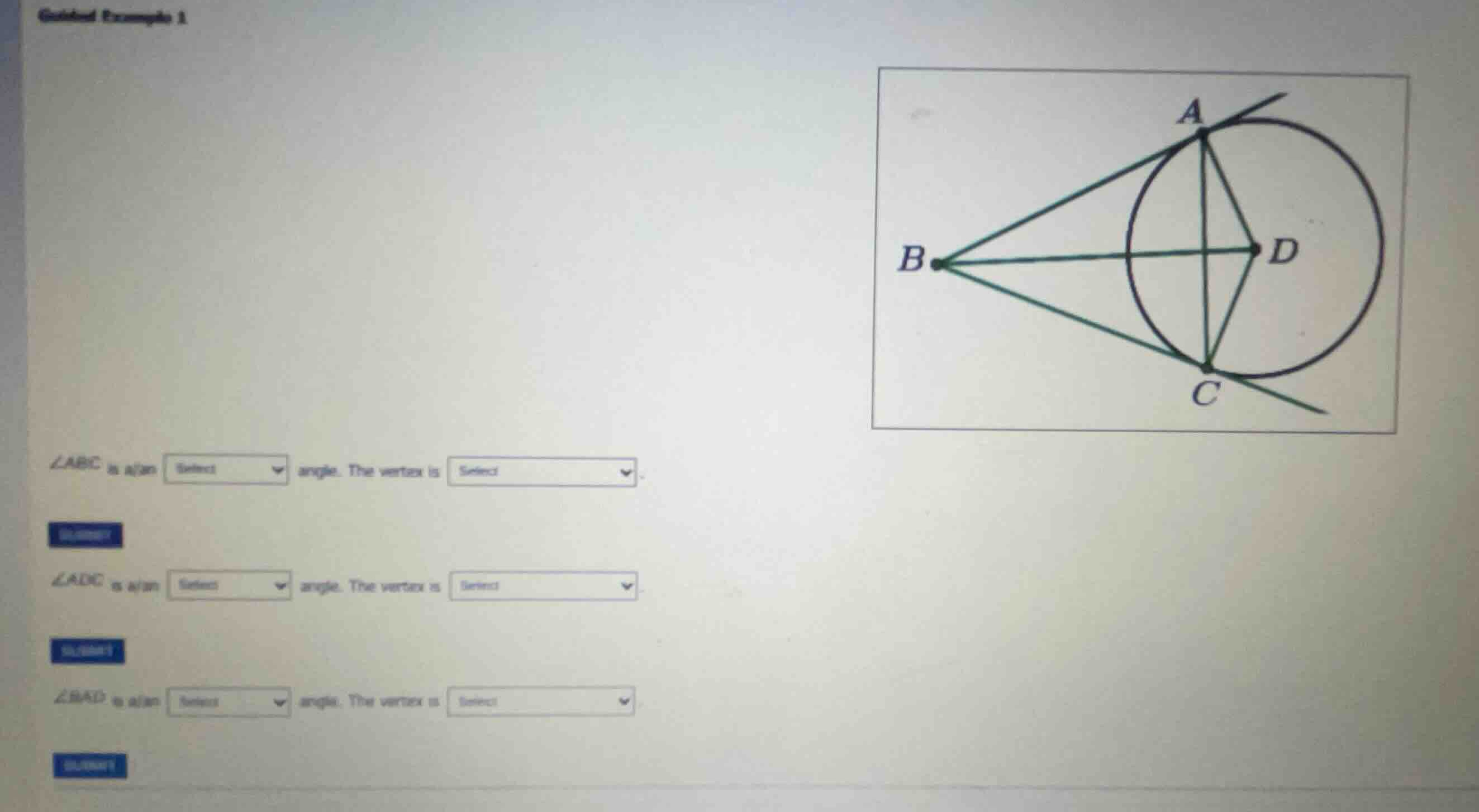 \\(\\angle abc\\) is a/an select angle. the vertex is select. \\(\\angl…